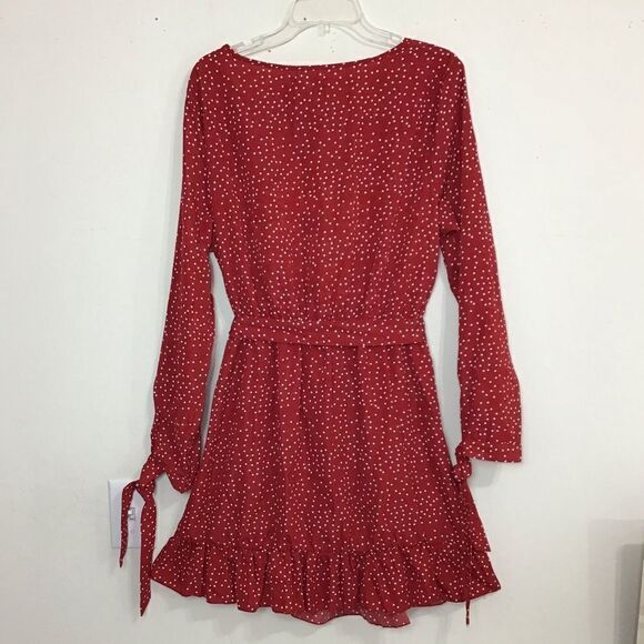 MISSGUIDED Red White Polka Dot Long Sleeve Runched Self Tie Mini Dress NWT Sz 12 - Picture 3 of 9